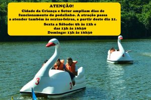 Pedalinhos passam a funcionar também às sextas-feiras; bilheteria tem novo horário de atendimento