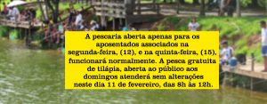 Pescaria no lago funcionará normalmente no domingo e na segunda-feira de Carnaval