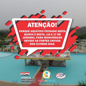 COMUNICADO: Parque Aquático fechado para manutenção nesta quinta e sexta-feira, 16 e 17 de janeiro
